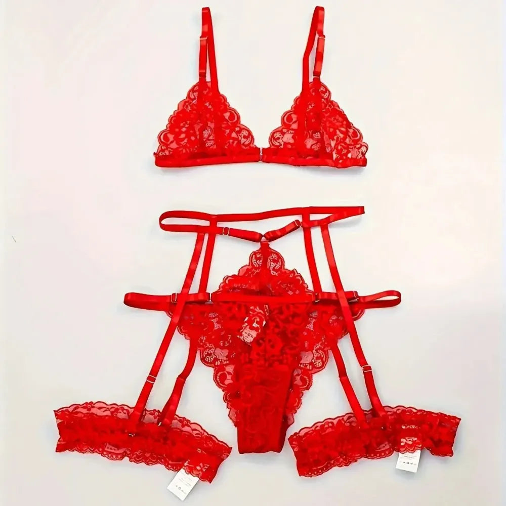 3 Piece Lace Bra Set for Women Sleepwear