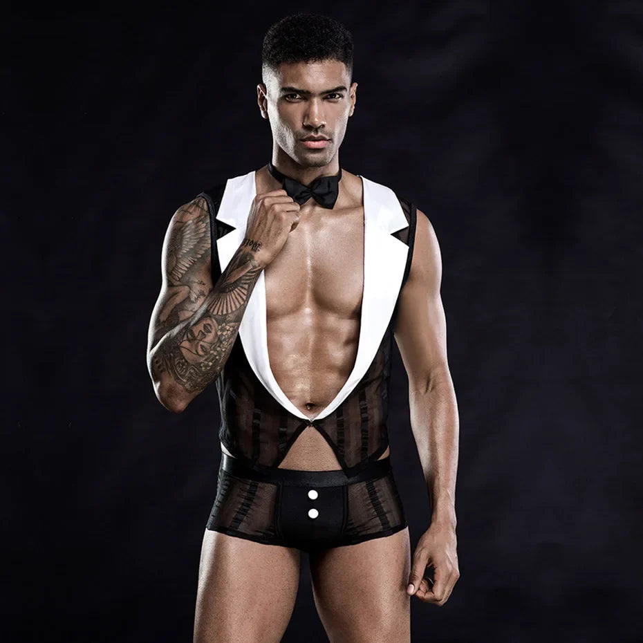 Men Alluring Waiter Bodysuit Lingerie Set Lace Erotic