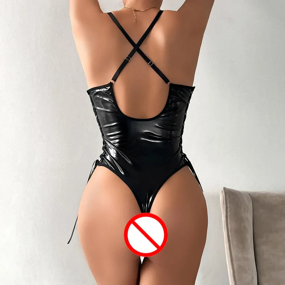 Alluring Leather Bodysuit Open Crotch Lingerie For Women