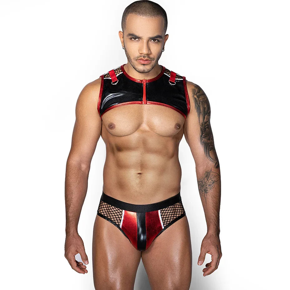 Men Leather Bodysuit & Pants Set Alluring Lingerie