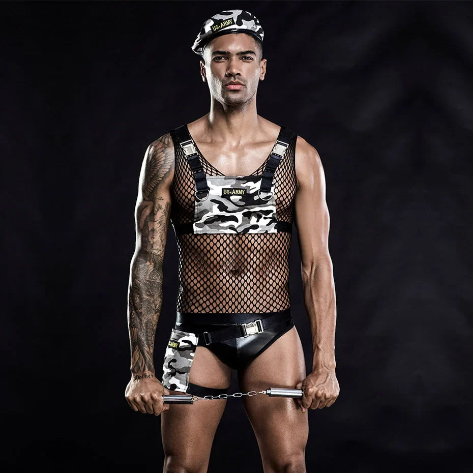 Alluring Army Cosplay Lingerie Set Men Leather Bodysuit