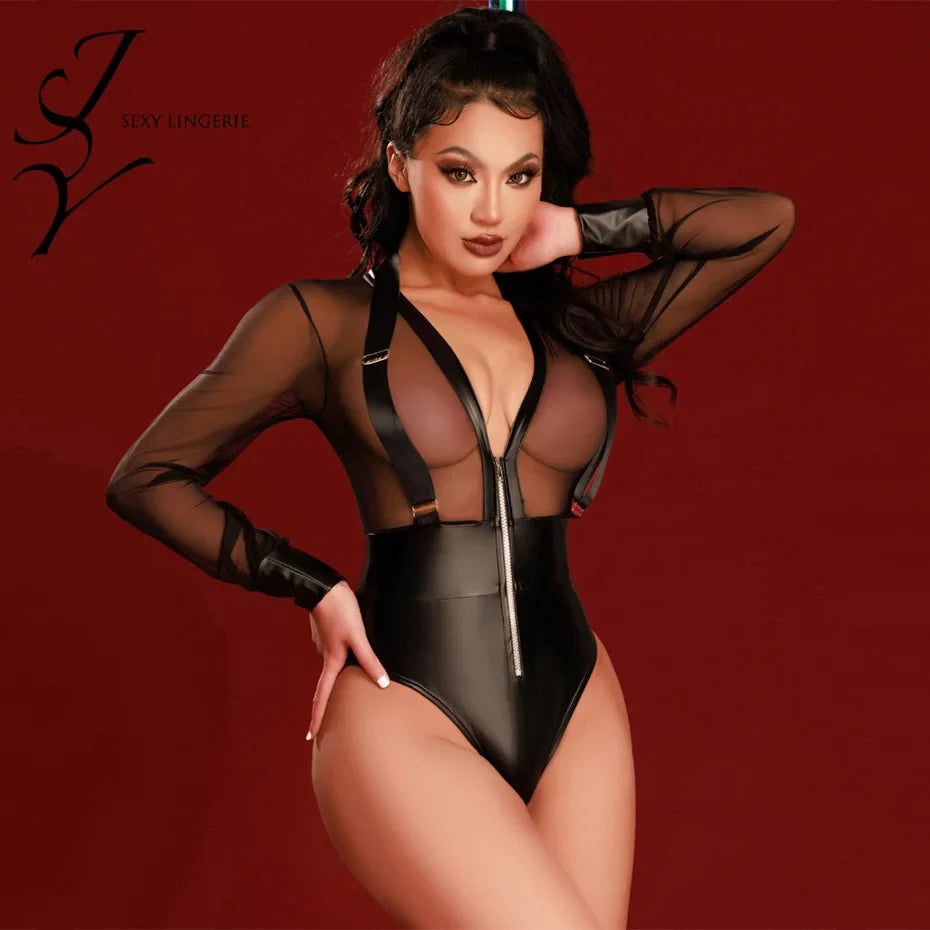 Alluring Black Bodysuit Teddy Nightgown Women Transparent