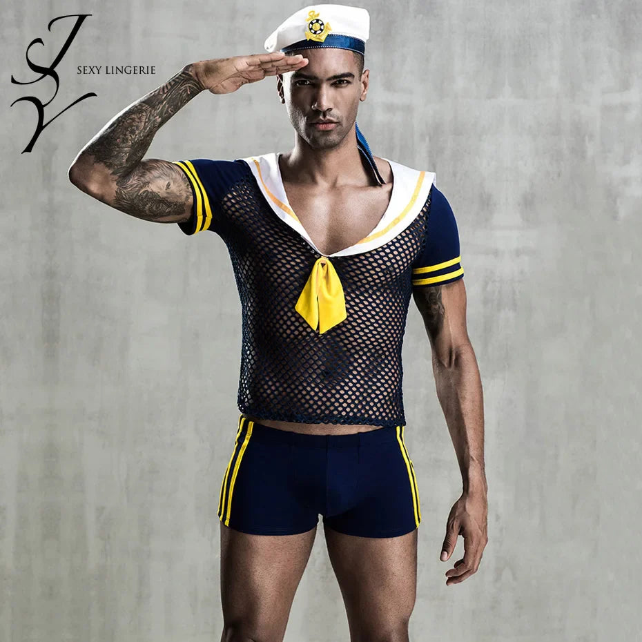 Alluring Seaman Cosplay Lingerie Set Fishnet Top & Pants