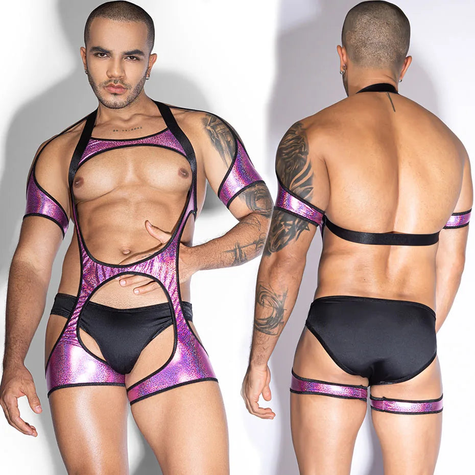 Men Alluring Leather Bodysuit Hollow Out One-Piece