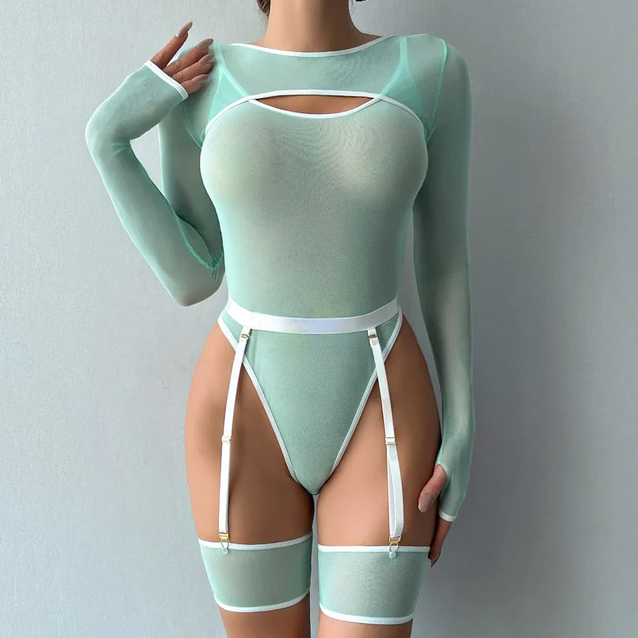 Alluring Transparent Bodysuit Open Crotch Teddy Nightgown