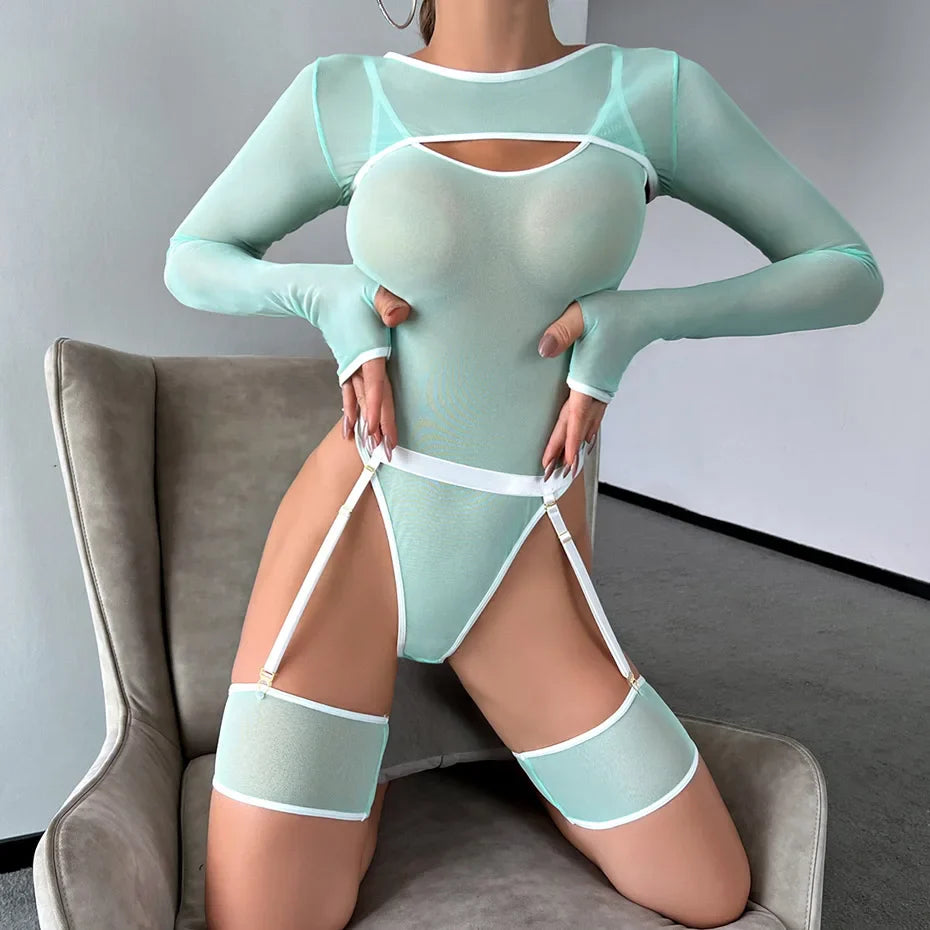 Alluring Transparent Bodysuit Open Crotch Teddy Nightgown