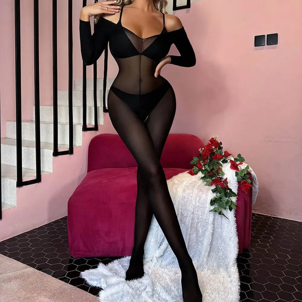 Alluring Black Leopard Bodysuit Women Lingerie Underwear