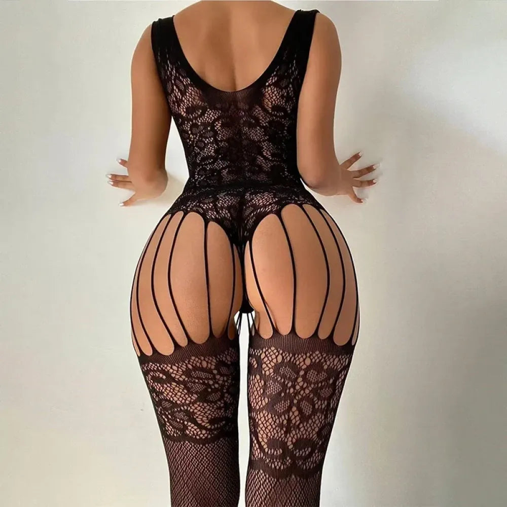 High Neck Fishnet Bodysuit Open Back