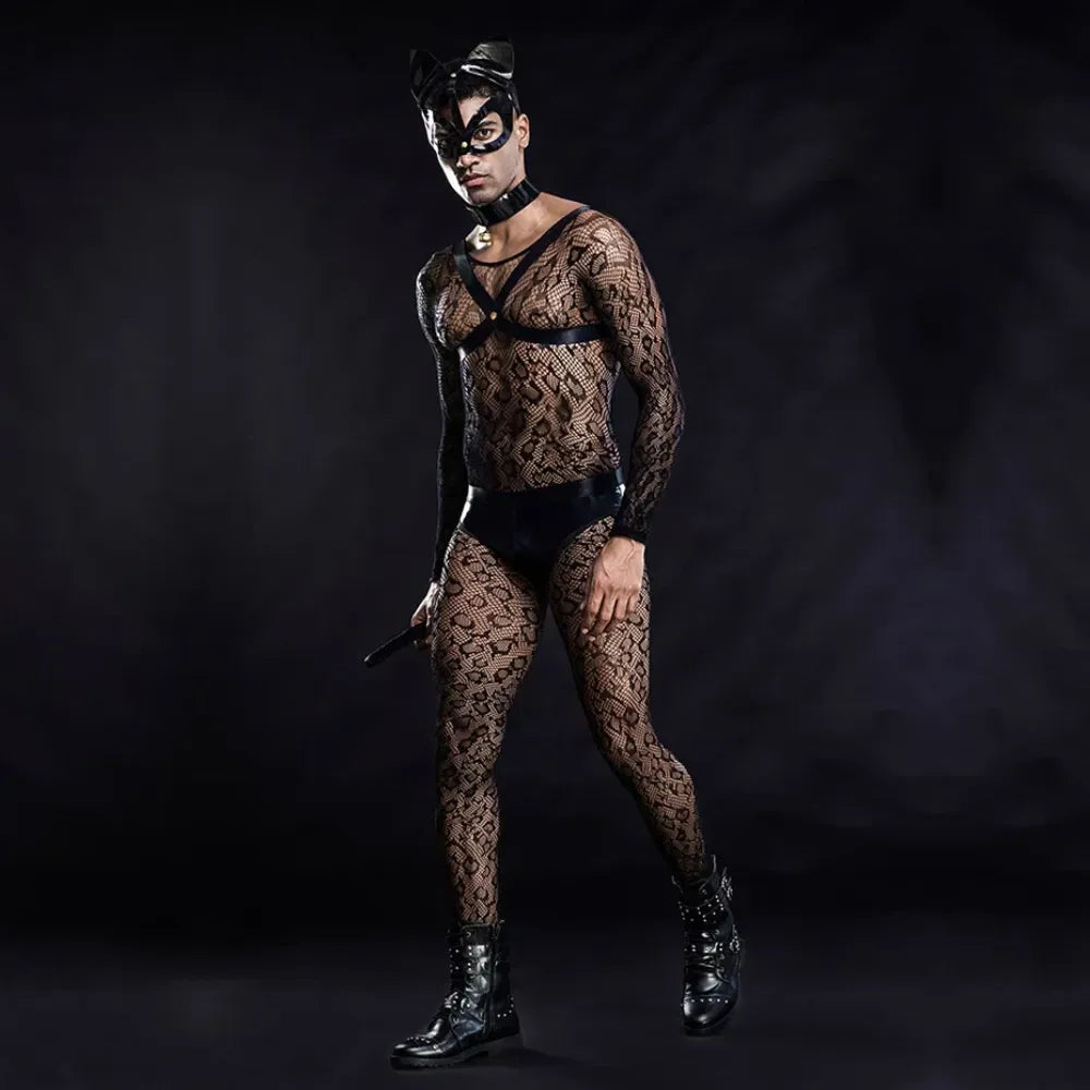 Men Fishnet Bodysuit & Lingerie Set Alluring Cat Cosplay