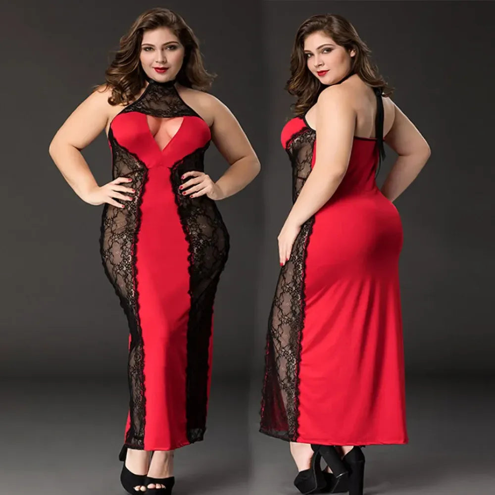 Plus Size Faux Leather Lingerie Dress Embroidered Sleepwear